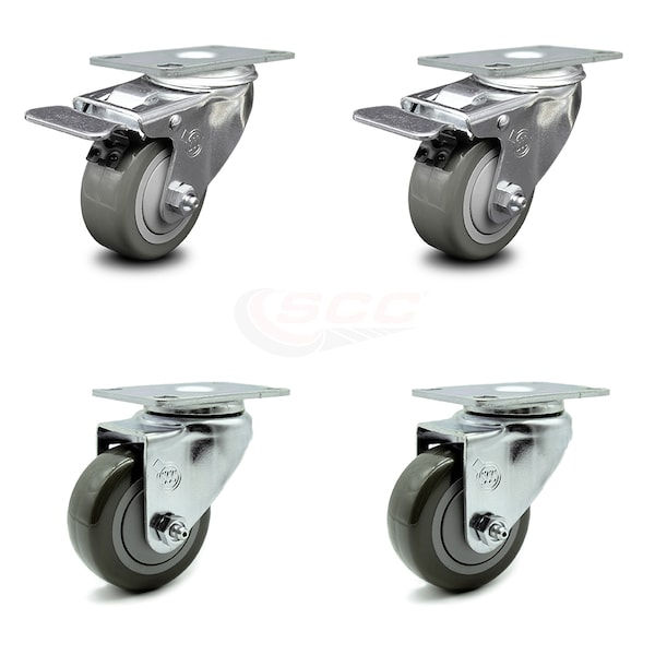 3 Inch Gray Polyurethane Wheel Swivel Top Plate Caster Total Lock Brakes, 2PK
